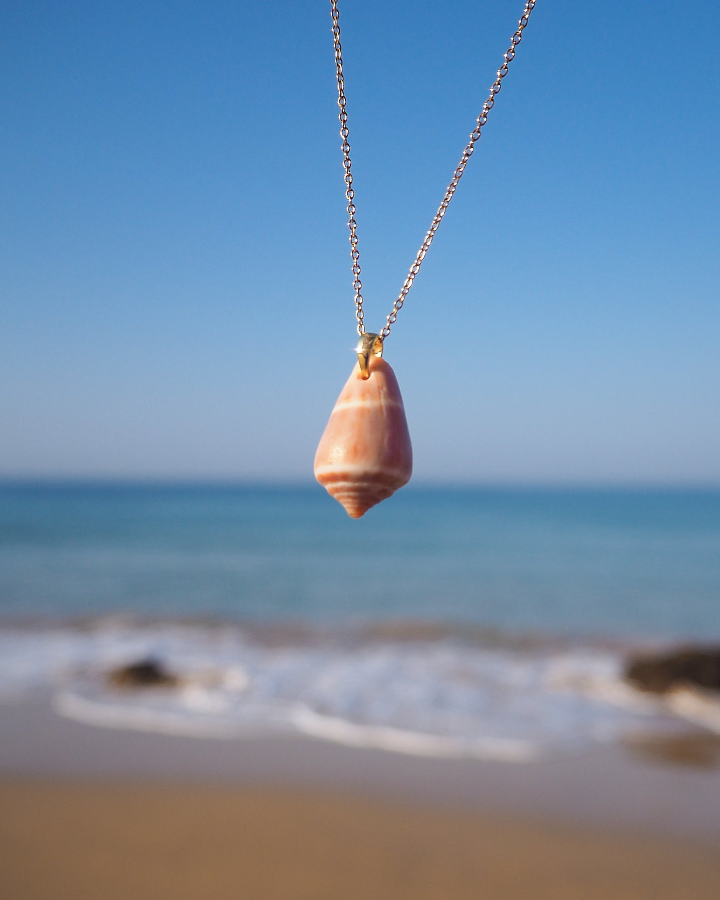 Mediterranean Cone Shell Gold Necklace with ocean background, handpicked cone shell from Portugal with 18k gold stainless steel chain
