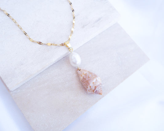 Mediterranean Cone Shell Pearl Necklace from Portugal on stone displayed, handpicked cone shell from Algarve, Freshwater pearl and 18k gold stainless steel chain