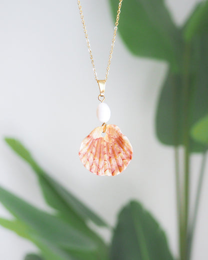 Tiny Coral Scallop Shell Pearl Necklace 