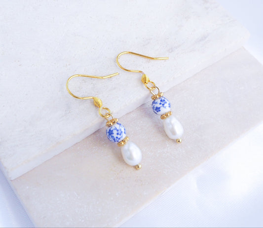 Dainty Portuguese Ceramic Pearl Gold Earrings on display, Mini Azulejo Earrings from Portugal, Portuguese Tlles Jewelry, Blue White Flower Porcelain Earrings