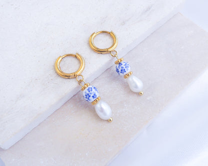 Portuguese Ceramic Pearl Mini Earrings on display, Mini Azulejo Earrings from Portugal, Portuguese Tlle Jewelry, Blue White Flower Porcelain Earrings