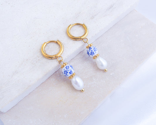 Portuguese Ceramic Pearl Mini Earrings on display, Mini Azulejo Earrings from Portugal, Portuguese Tlle Jewelry, Blue White Flower Porcelain Earrings