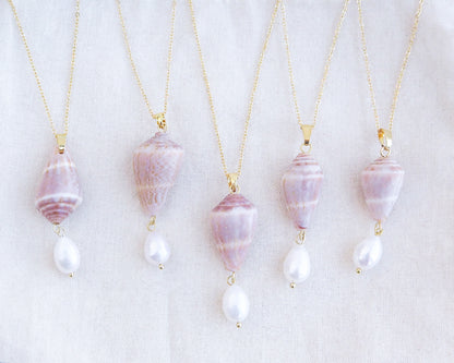 Mix of Mediterranean Cone Shell Pearl Necklaces Reversed from Portugal displayed, handpicked cone shell from Algarve, Freshwater pearl and 18k gold stainless steel chain