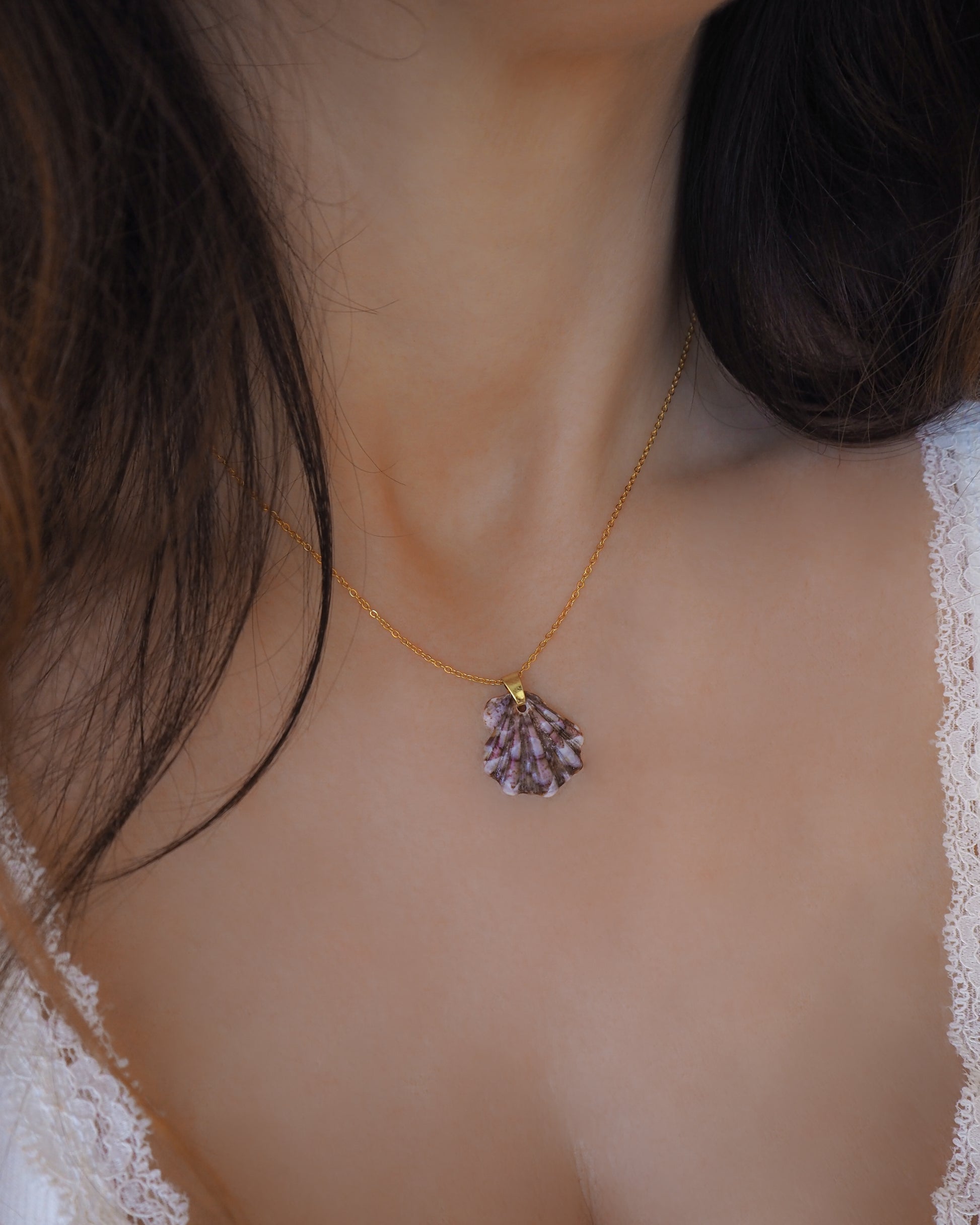 Magenta Light Blue Scallop Shell Necklace on model, sea by lou, seabylou ocean inspired jewelry from Portugal