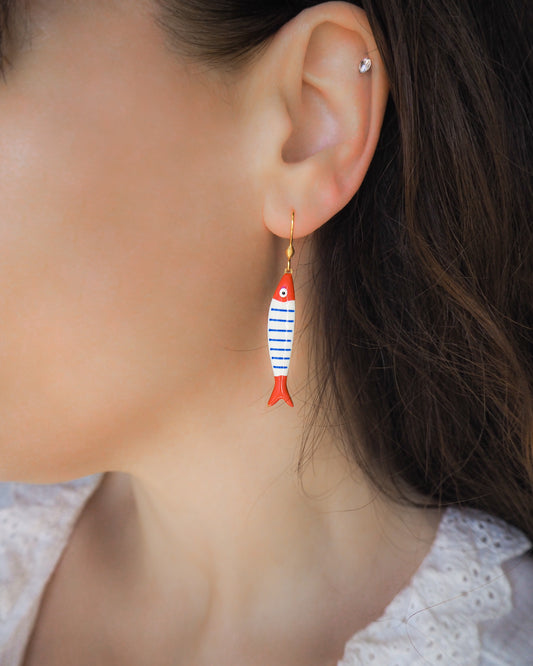 Nautical Striped Sardine Fish Earrings with 14k gold stainless steel earring hooks in ear model, Red Blue White Striped Fish Pendant, Beautiful gift for Portugal lovers or holiday memory, coastal jewelry from Portugal