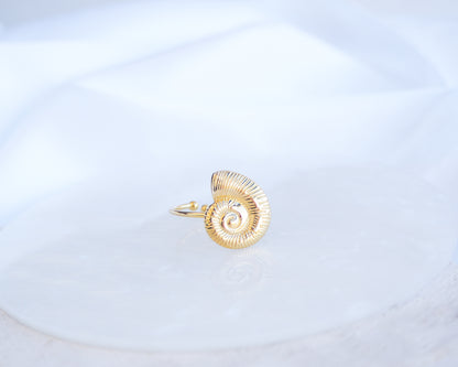Front view of Gold Nautilus Seashell Ring displayed, adjustable 18k gold stainless steel shell ring 