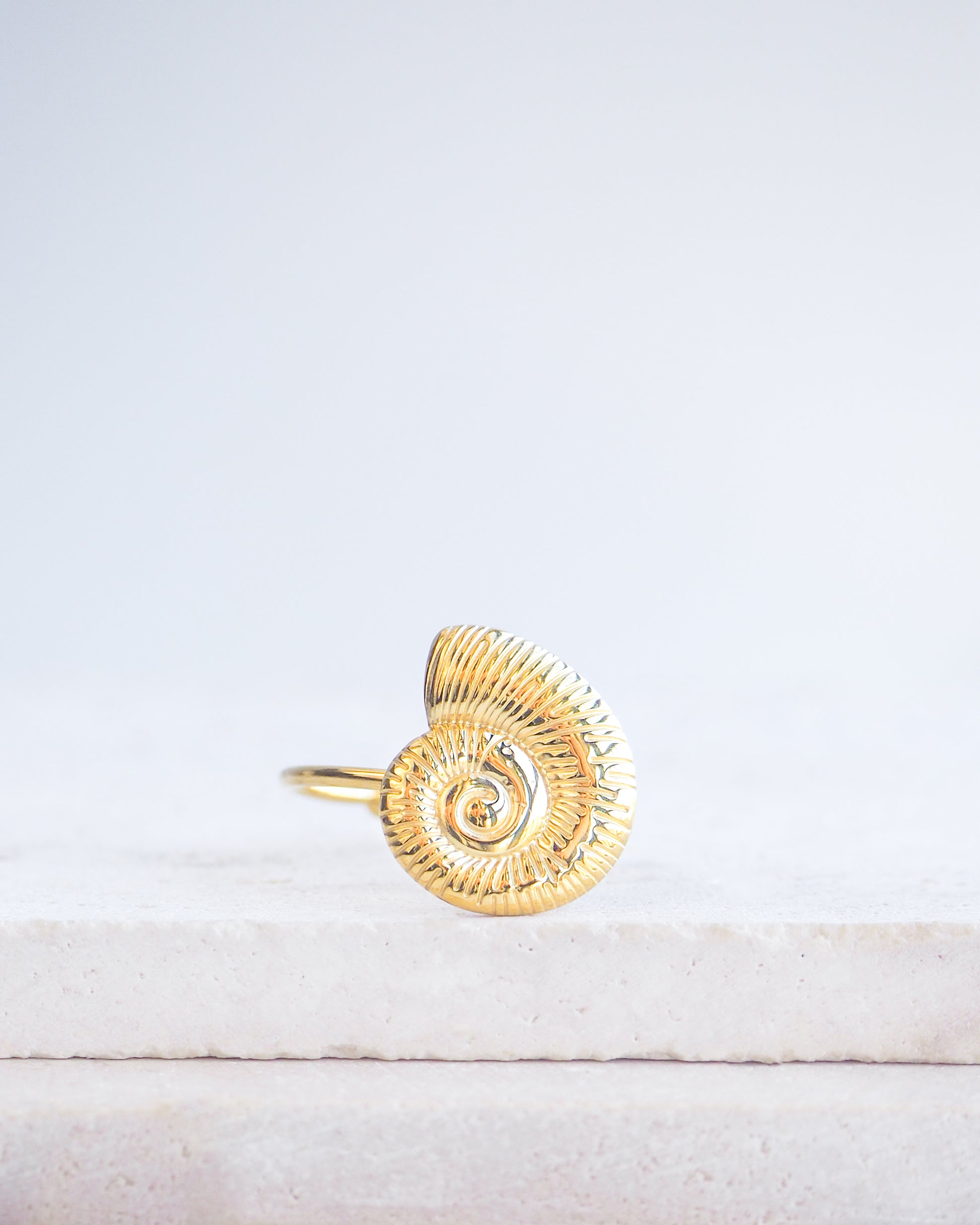 Gold Nautilus Seashell Ring on stone displayed, adjustable 18k gold stainless steel shell ring 