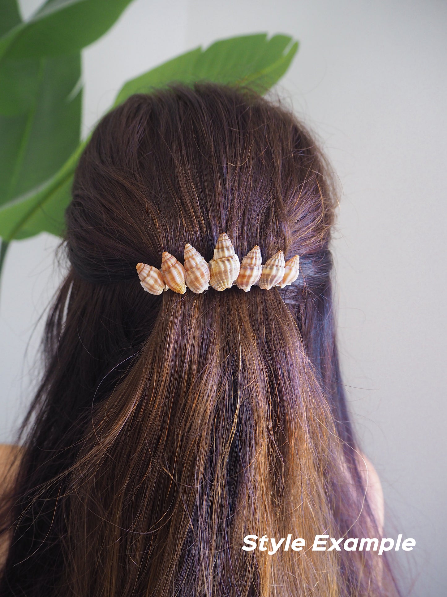 Model wearing Netted Dog Whelk Shells Hair Clip Barrette, Boho Seashell Beach Clip from Portugal, Handpicked Real Shells, Seashell Hair Decoration, Bohemian Seashell Wedding Hair accessories, Coastal Christmas gift, Beach Wedding Hair