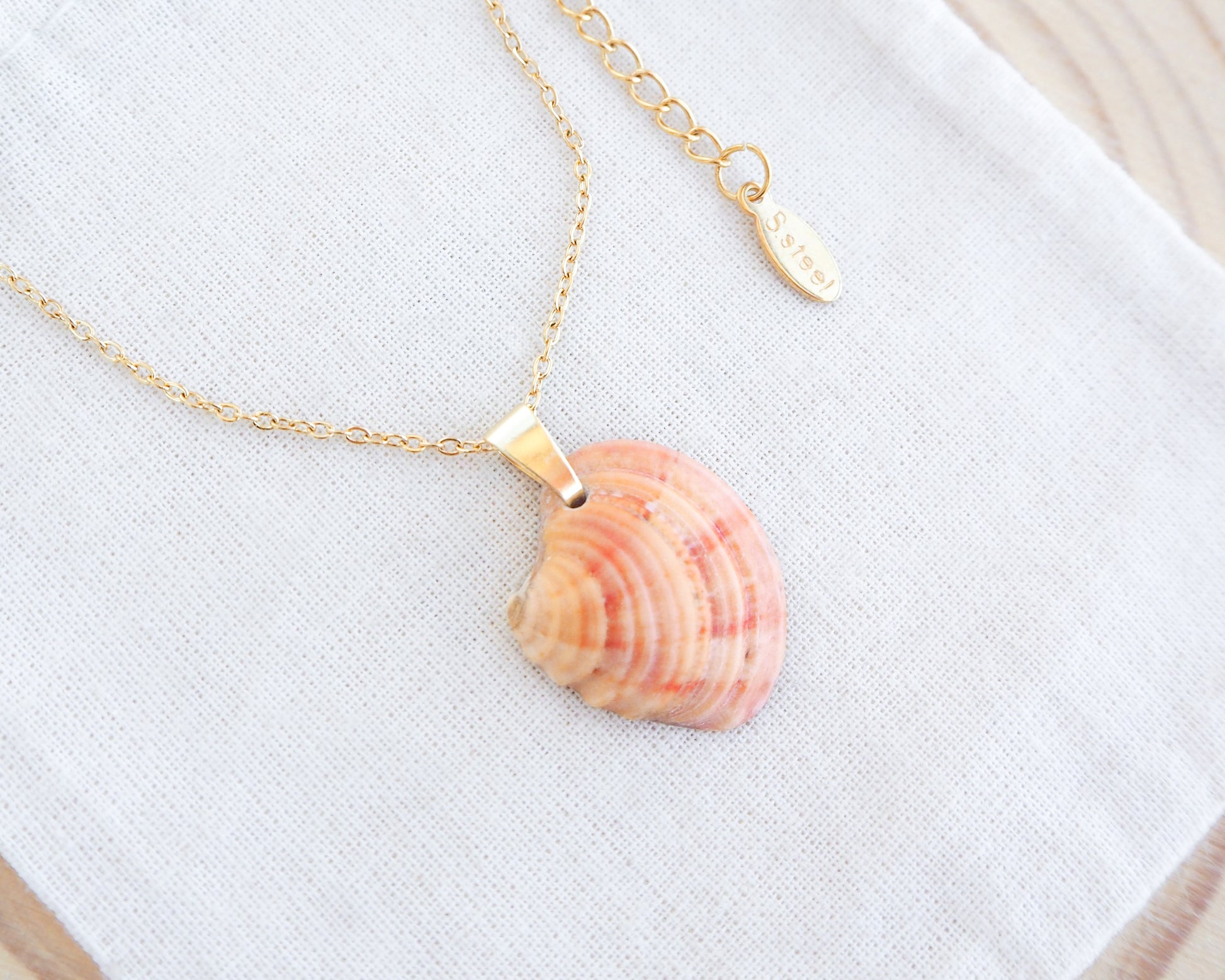 Orange Coral Venus Shell Gold Necklace on display