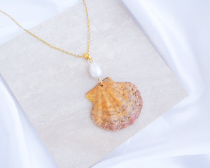 Orange Pink Scallop Shell Pearl Gold Necklace on stone displayed, Scallop Shell handpicked from Portugal 