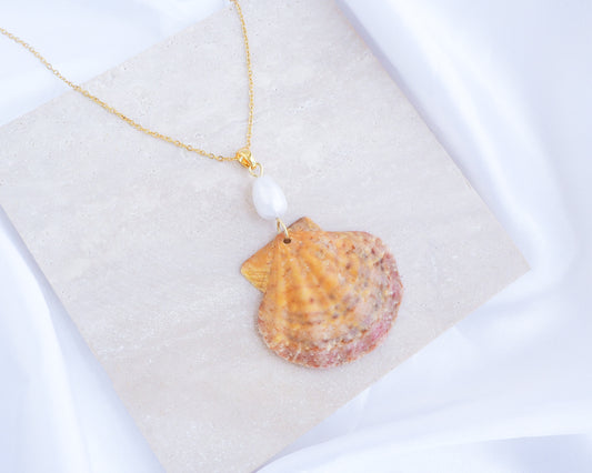 Orange Pink Scallop Shell Pearl Gold Necklace on stone displayed, Scallop Shell handpicked from Portugal 