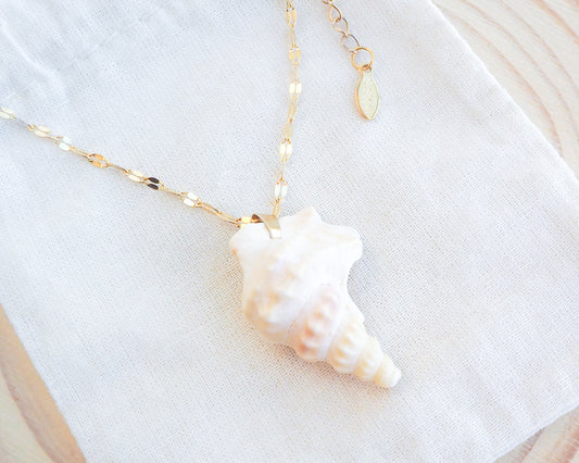 Pelican's Foot Shell Necklace Gold Deluxe on display