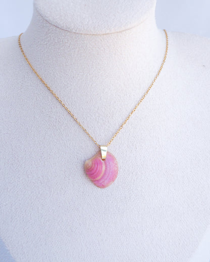 Pink Raspberry Venus Shell Necklace on neck