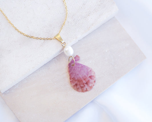 Pink Scallop Shell Pearl Gold Necklace on display, Pink Scallop Shell from Portugal, Algarve, Sea by Lou, Shell and freshwater pearl necklace