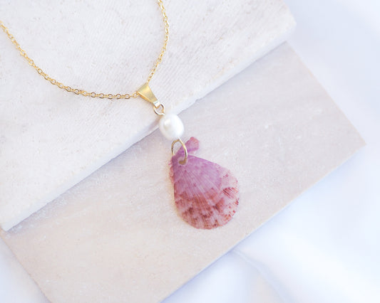 Pink Scallop Shell Pearl Gold Necklace on display, Pink Scallop Shell from Portugal, Algarve, Sea by Lou, Shell and freshwater pearl necklace