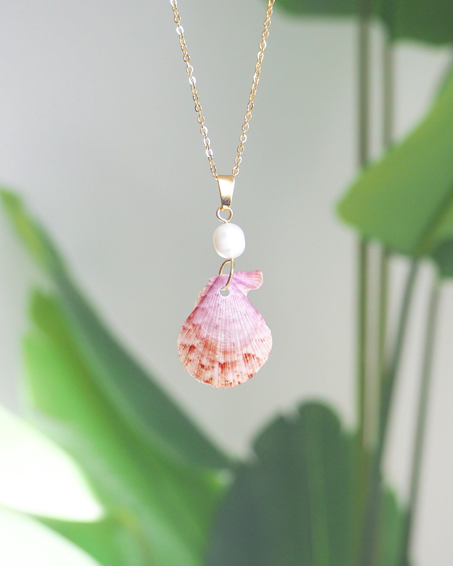 Pink Scallop Shell Pearl Gold Necklace with green plant background, real scallop shell handpicked from Portugal on 18k gold stainless steel chain and adorned with a ivory white freshwater pearl