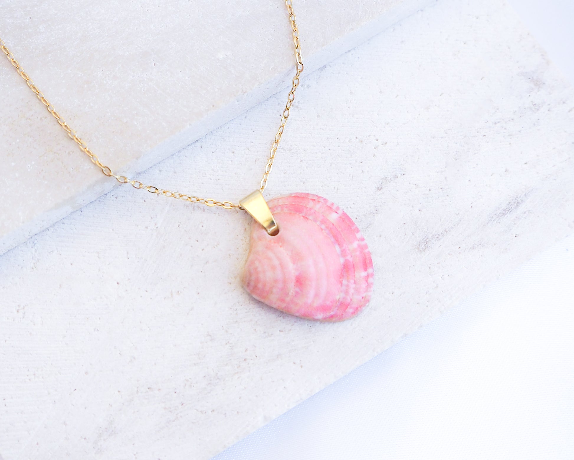 Pink Venus Shell Necklace on stone displayed. Pink Shell from Portugal. Necklace made with 18k gold stainless steel