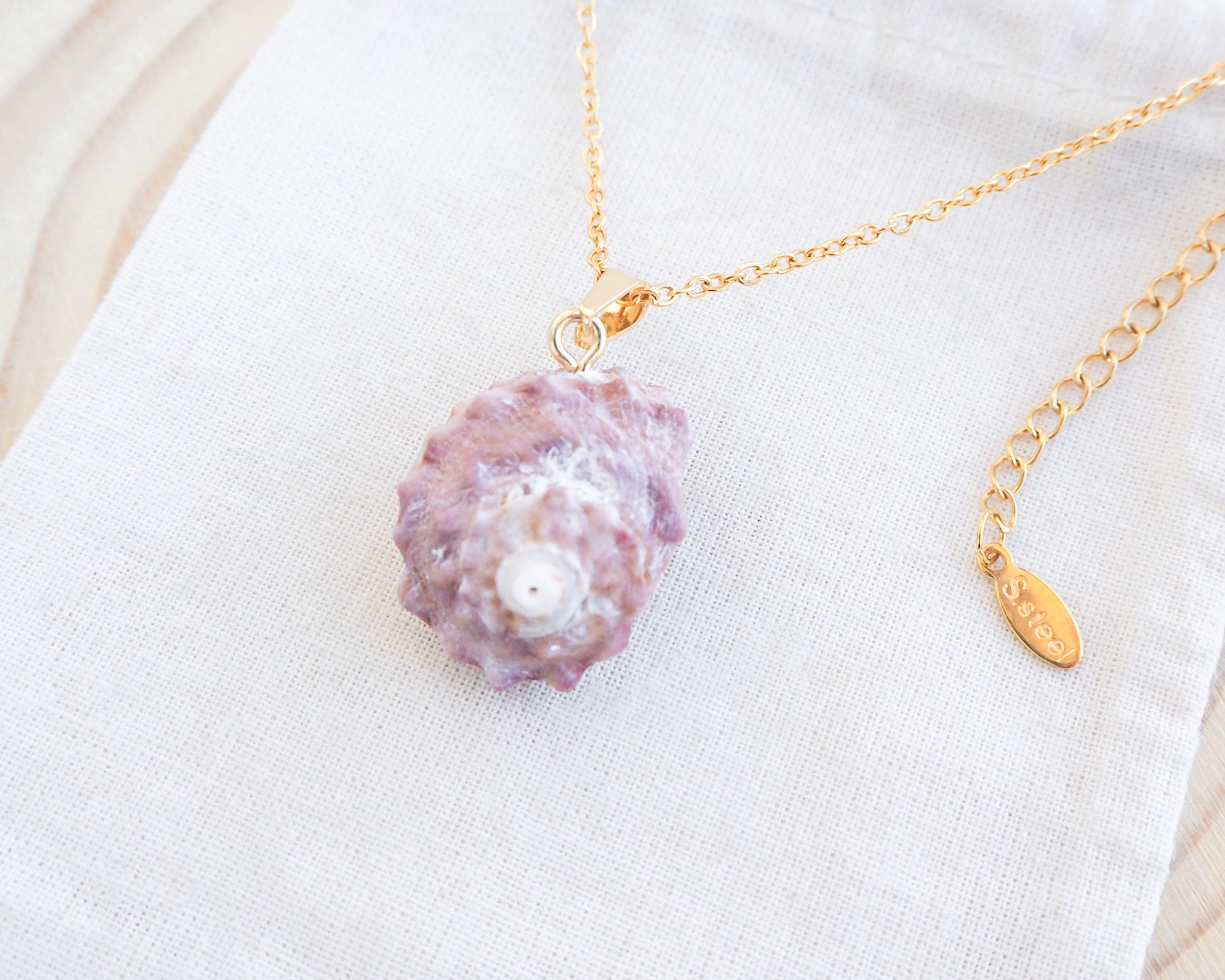 Pinkish Star Shell Gold Necklace on display, Rough Star Shell from Portugal