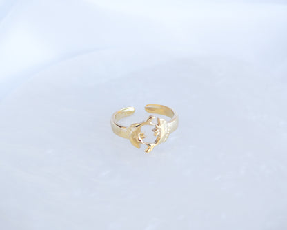 Close up of Gold Pisces Zodiac Ring on display, adjustable 18k gold stainless steel Fish ring 
