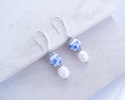 Portuguese Ceramic Pearl 925 Silver Earrings on display, Azulejo Earrings from Portugal, Portuguese Tlle Jewelry, Blue White Flower Porcelain Earringsn 