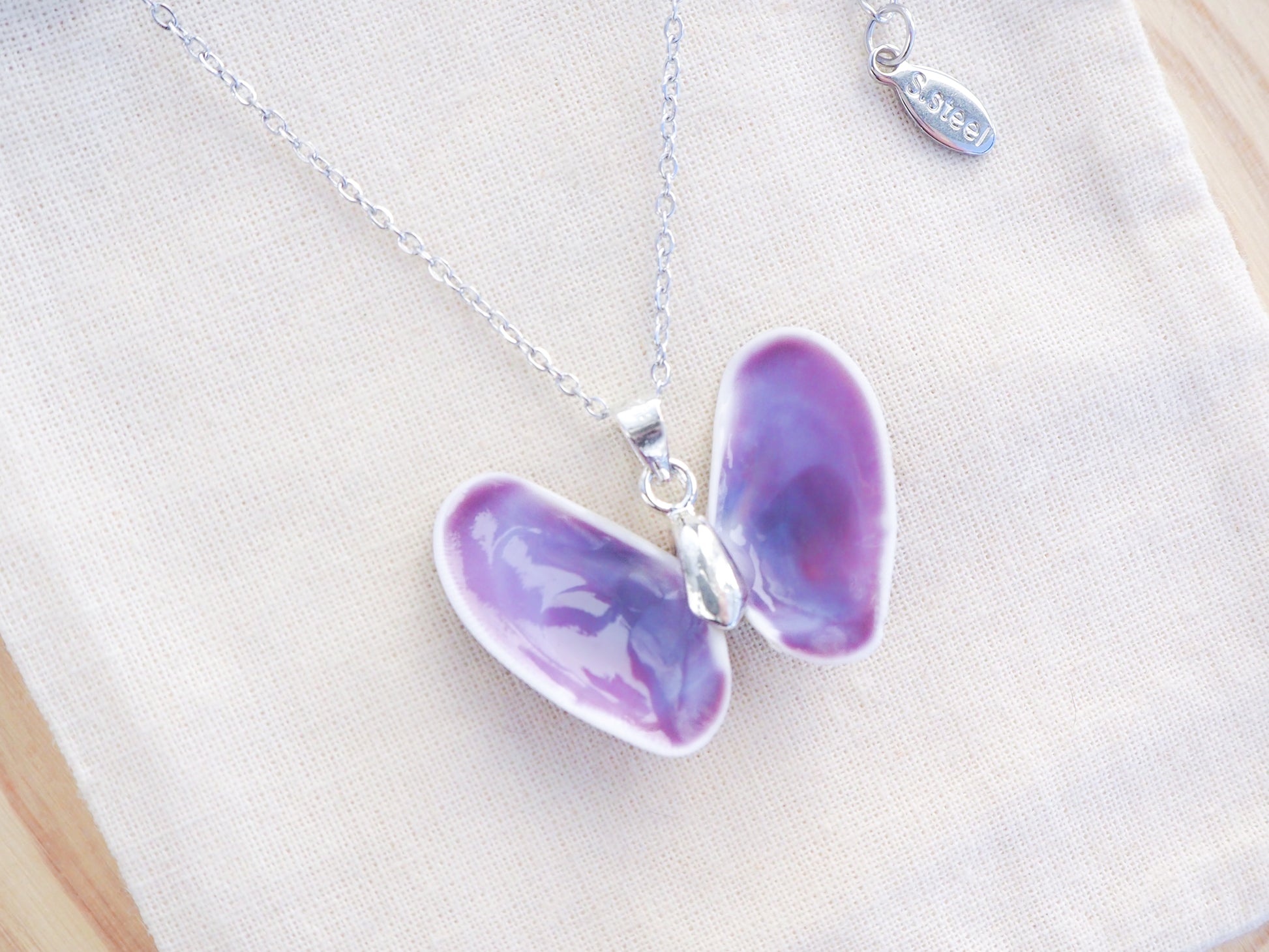 Purple Coquina Shell Butterfly Silver Necklace III front view