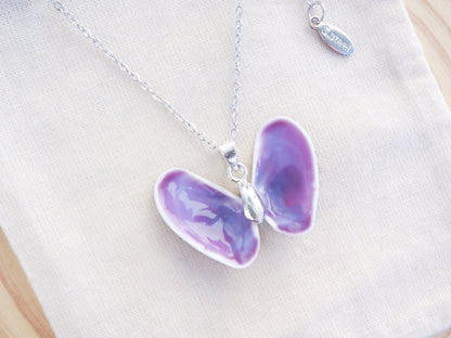 Purple Coquina Shell Butterfly Silver Necklace III front view