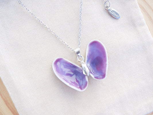 Purple Coquina Shell Butterfly Silver Necklace III front view