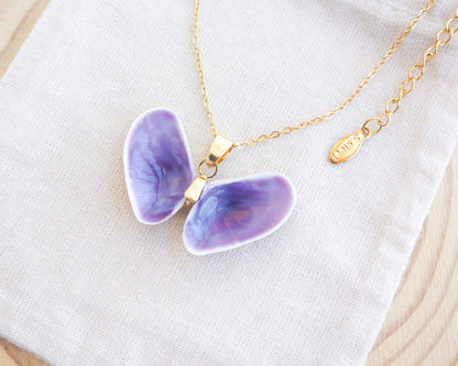 Purple Coquina Shells Butterfly Gold Necklace from Portugal on display side view