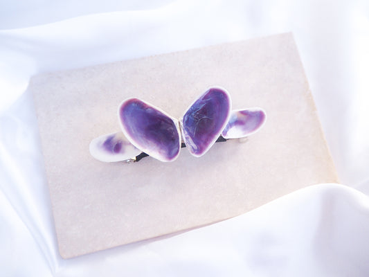 Purple Coquina Shells Butterfly Hair Clip Barrette on stone displayed, Purple Shells from Portugal, Handpicked Real Coquina Shells, Sea Butterfly Shell Hair Decoration, Seashell Wedding Hair Assocciares, Coastal Christmas gift, Beach Wedding Hair