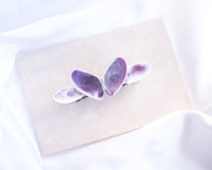 Purple Coquina Shells Butterfly Hair Clip Barrette II on stone displayed, Purple Shells from Portugal, Handpicked Real Coquina Shells, Sea Butterfly Shell Hair Decoration, Seashell Wedding Hair Assocciares, Coastal Christmas gift, Beach Wedding Hair