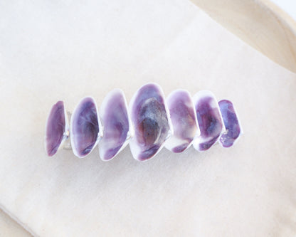 Purple hair clip on a white surface. Purple Coquina Shells Hair Clip Barrette, Purple Shells from Portugal, Handpicked Real Coquina Shells, SeaShell Hair Decoration, Seashell Wedding Hair Assocciares, Coastal Christmas gift, Beach Wedding Hair