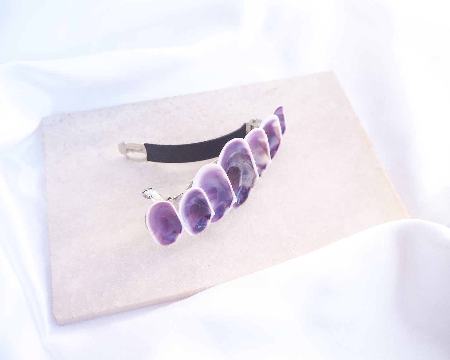 Front view of Purple Coquina Shells Hair Clip Barrette on stone displayed, Purple Shells from Portugal, Handpicked Real Coquina Shells, SeaShell Hair Decoration, Seashell Wedding Hair Assocciares, Coastal Christmas gift, Beach Wedding Hair