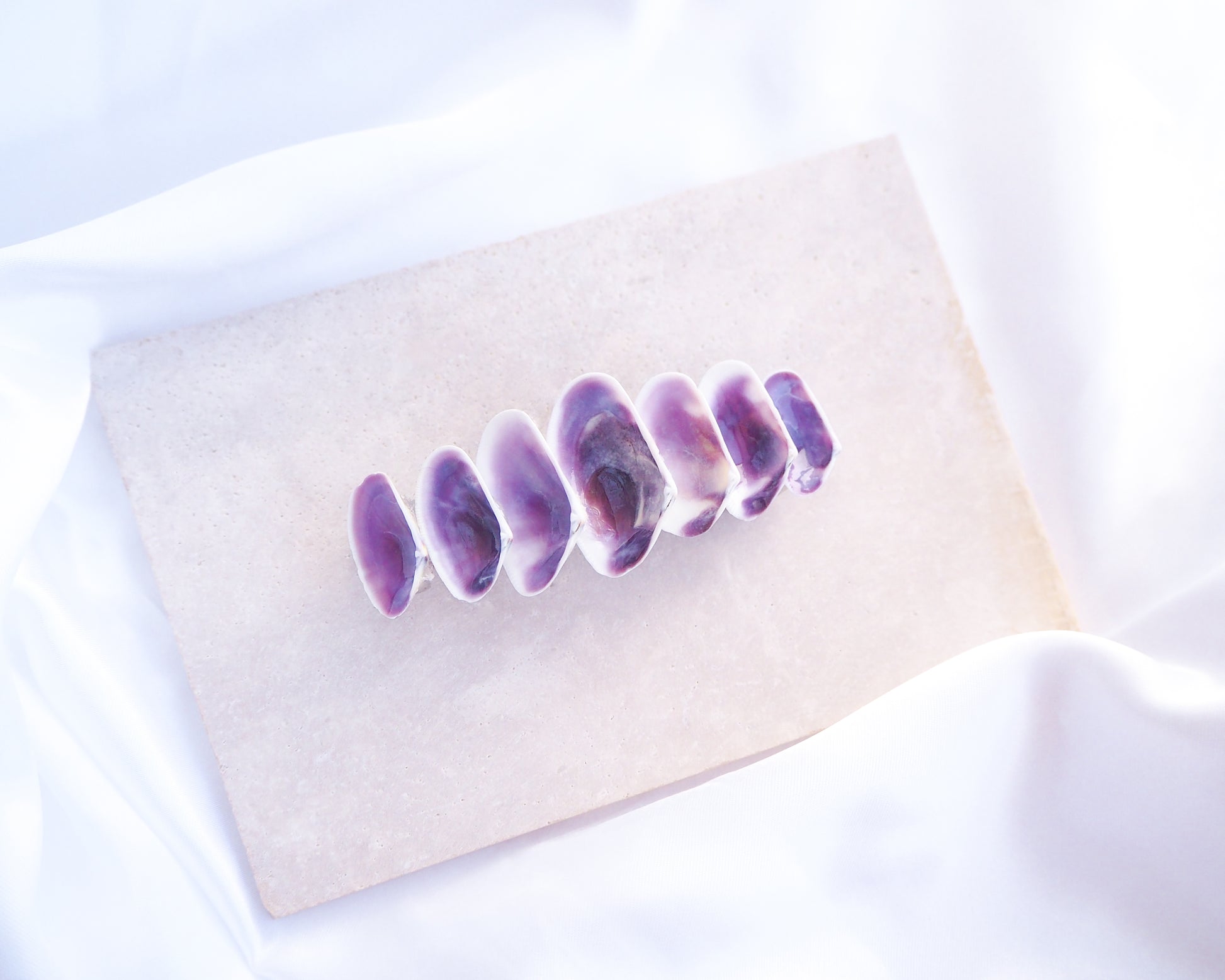 Purple Coquina Shells Hair Clip Barrette on stone displayed, Purple Shells from Portugal, Handpicked Real Coquina Shells, SeaShell Hair Decoration, Seashell Wedding Hair Assocciares, Coastal Christmas gift, Beach Wedding Hair