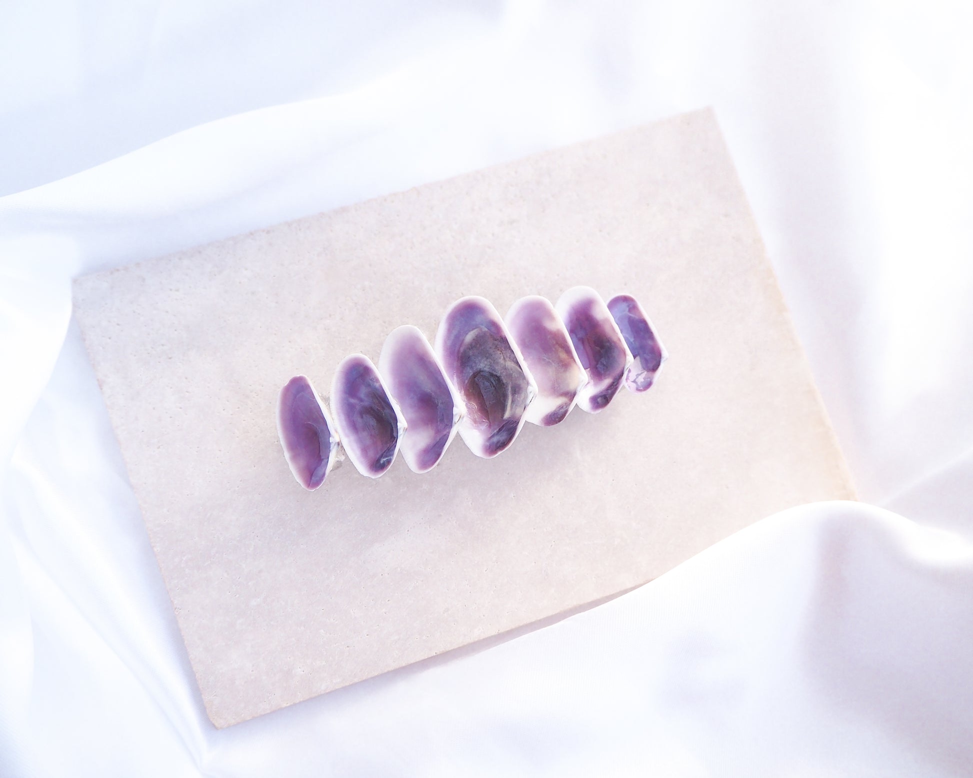 Purple Coquina Shells Hair Clip Barrette on stone displayed, Purple Shells from Portugal, Handpicked Real Coquina Shells, SeaShell Hair Decoration, Seashell Wedding Hair Assocciares, Coastal Christmas gift, Beach Wedding Hair