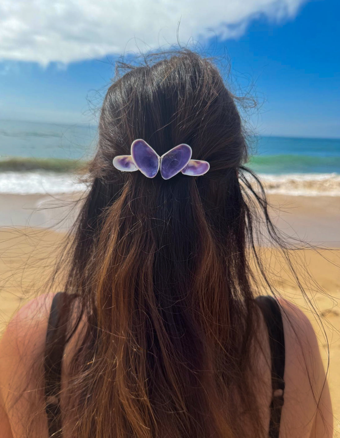 Model wearing Purple Coquina Shells Butterfly Hair Clip Barrette in hair on the beach of Portugal, Purple Shells from Portugal, Handpicked Real Coquina Shells, Sea Butterfly Shell Hair Decoration, Seashell Wedding Hair Assocciares, Coastal Christmas gift, Beach Wedding Hair