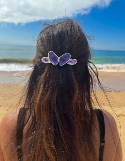 Model wearing Purple Coquina Shells Butterfly Hair Clip Barrette in hair on the beach of Portugal, Purple Shells from Portugal, Handpicked Real Coquina Shells, Sea Butterfly Shell Hair Decoration, Seashell Wedding Hair Assocciares, Coastal Christmas gift, Beach Wedding Hair