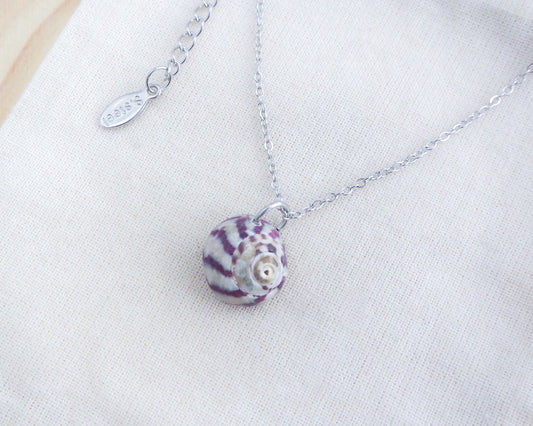 Purple Striped Top Shell Silver Necklace on display