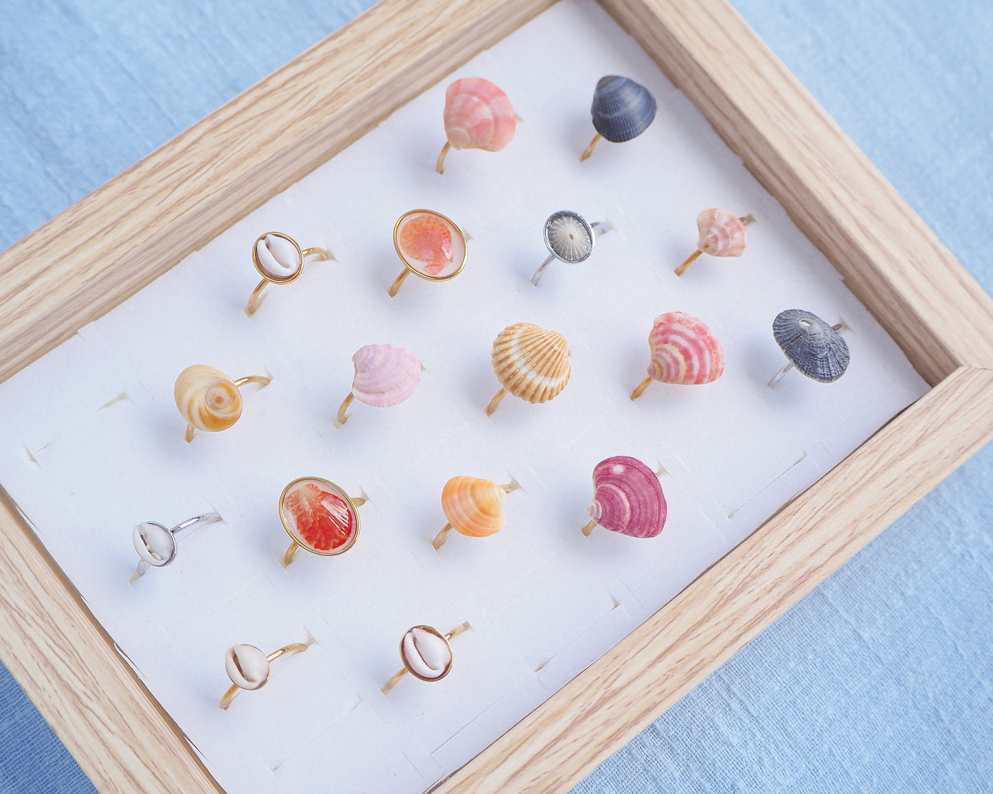 Side view of display with a mix of rings made with shells from Portugal. The colors are pink, fuchsia, yellow, grey and white. The shells are tiny venus shell, tiny limpet shells, tiny scallop shells and tiny cowrie shells. 
