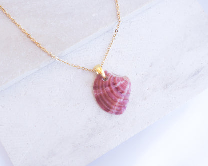 Raspberry Fuchsia Venus Shell Gold Necklace on stone displayed