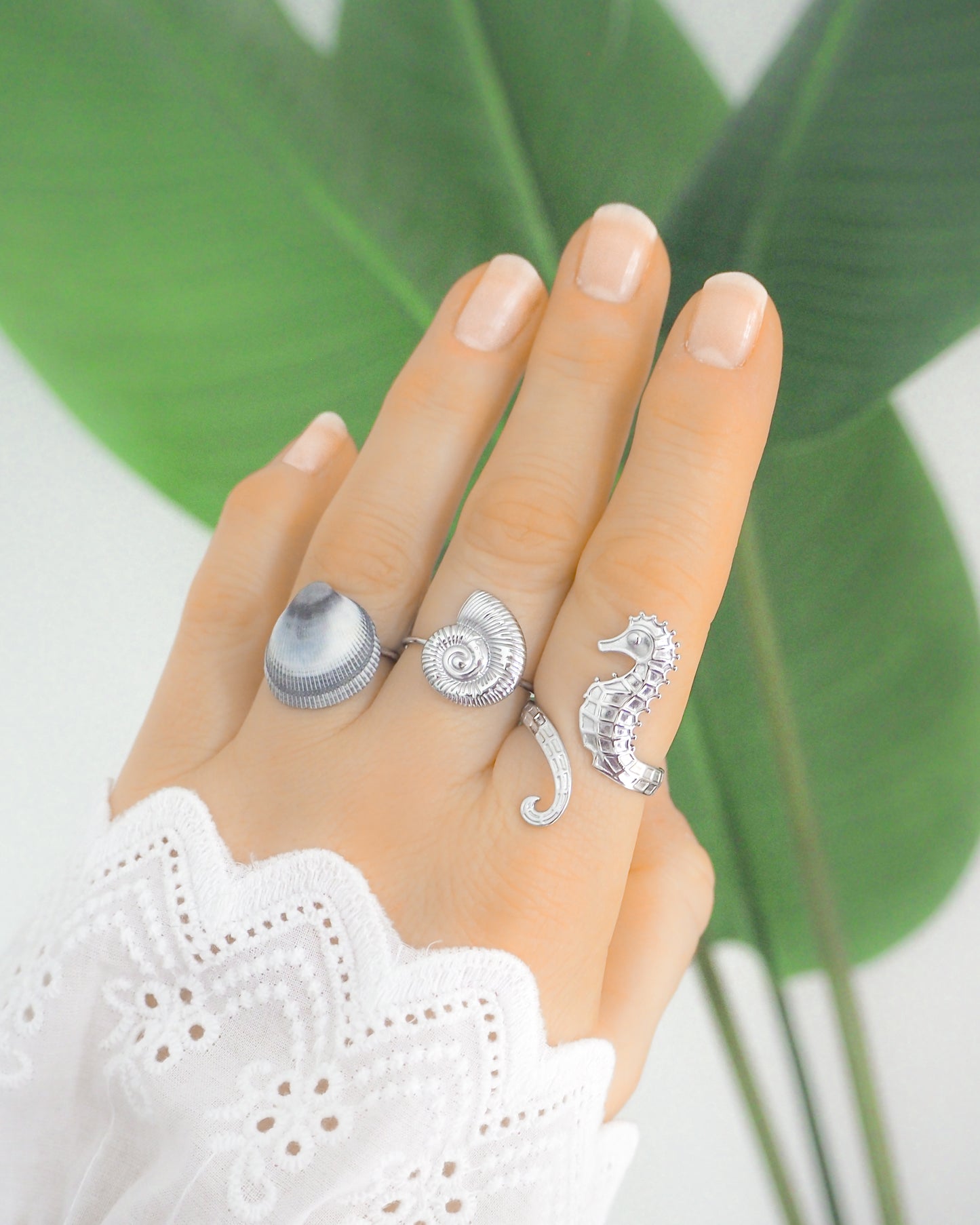 Hand of model wearing handmade blue grey cockle shell silver ring, a silver nautilus ring and a silver seahorse ring, all made of stainless steel and adjustable, handpicked cockle shell from Portugal, the hand is wearing a white sleeve and has a green plant background