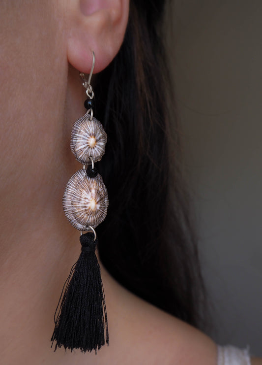 Handmade boho bohemian feather earrings with seashells seabylou
