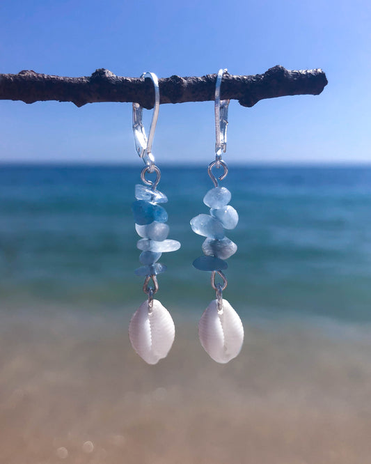 Unique Seashell Jewelry: Cowrie Shell Earrings with Aquamarine Beads