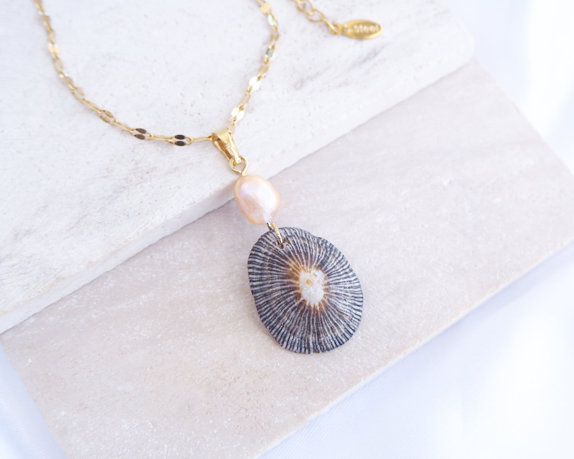 Necklace with a shell pendant and pearl on a white background. Front view of Striped Limpet Shell Pearl Necklace on display, Dark Limpet Shell from Portugal with freshwater pearl and gold chain. 
