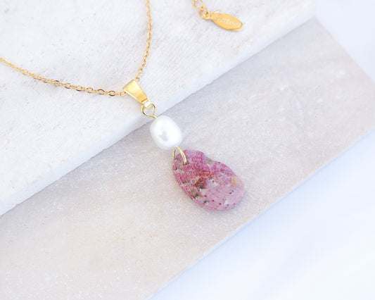 Tiny Pink Abalone Shell Pearl Gold Necklace on display, Tiny Abalone Shell from Portugal, Green Ormer Shell, Sea by Lou, Shell and freshwater pearl necklace