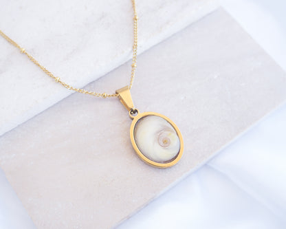 Ivory White Eye of Saint Lucia Gold Necklace on stone displayed, 18k gold stainless steel shiva eye pendant necklace, Saint Lucy Eye, operculum pendant