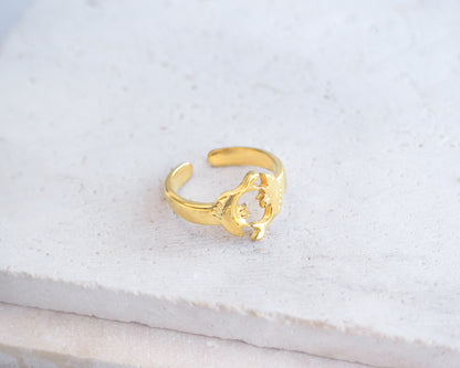 Side view of Gold Pisces Zodiac Ring on stone displayed, adjustable 18k gold stainless steel Fish ring 