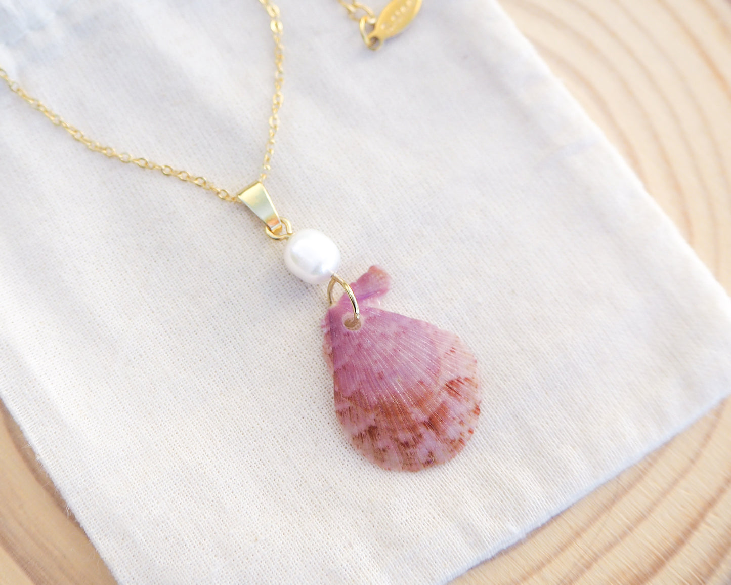 Pink Scallop Shell Pearl Gold Necklace on cotton display, Pink Scallop Shell from Portugal, Algarve, Sea by Lou, Shell and freshwater pearl necklace