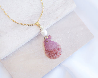 Pink Scallop Shell Pearl Gold Necklace on display, Pink Scallop Shell from Portugal, Algarve, Sea by Lou, Shell and freshwater pearl necklace