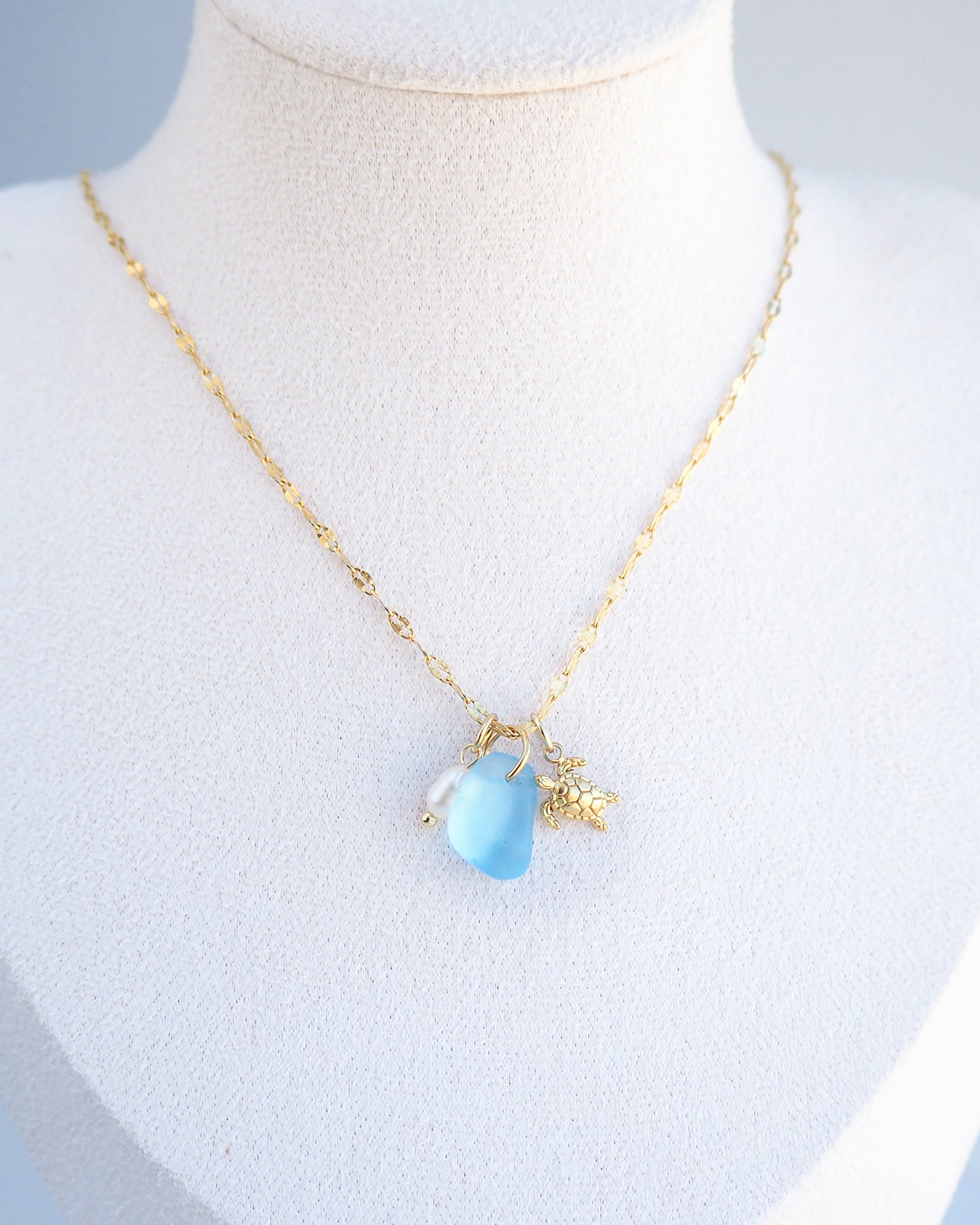 OCEANIC BLUE TRIO NECKLACE ~ Gold Tiny Turtle, Sea Glass and Pearl