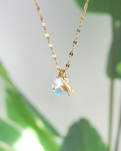 OCEANIC BLUE TRIO NECKLACE ~ Gold Tiny Turtle, Sea Glass and Pearl II